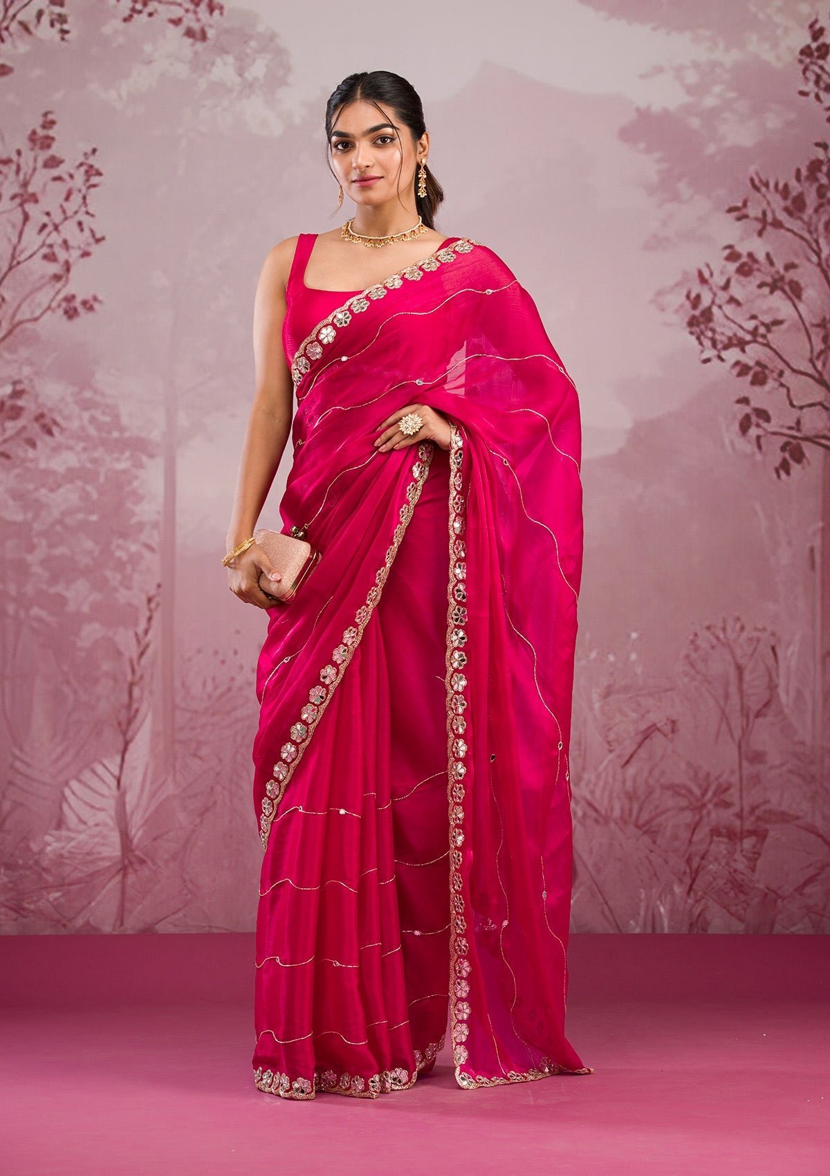 Stunning Rani Pink Georgette Saree with Exquisite Mirrorwork Details