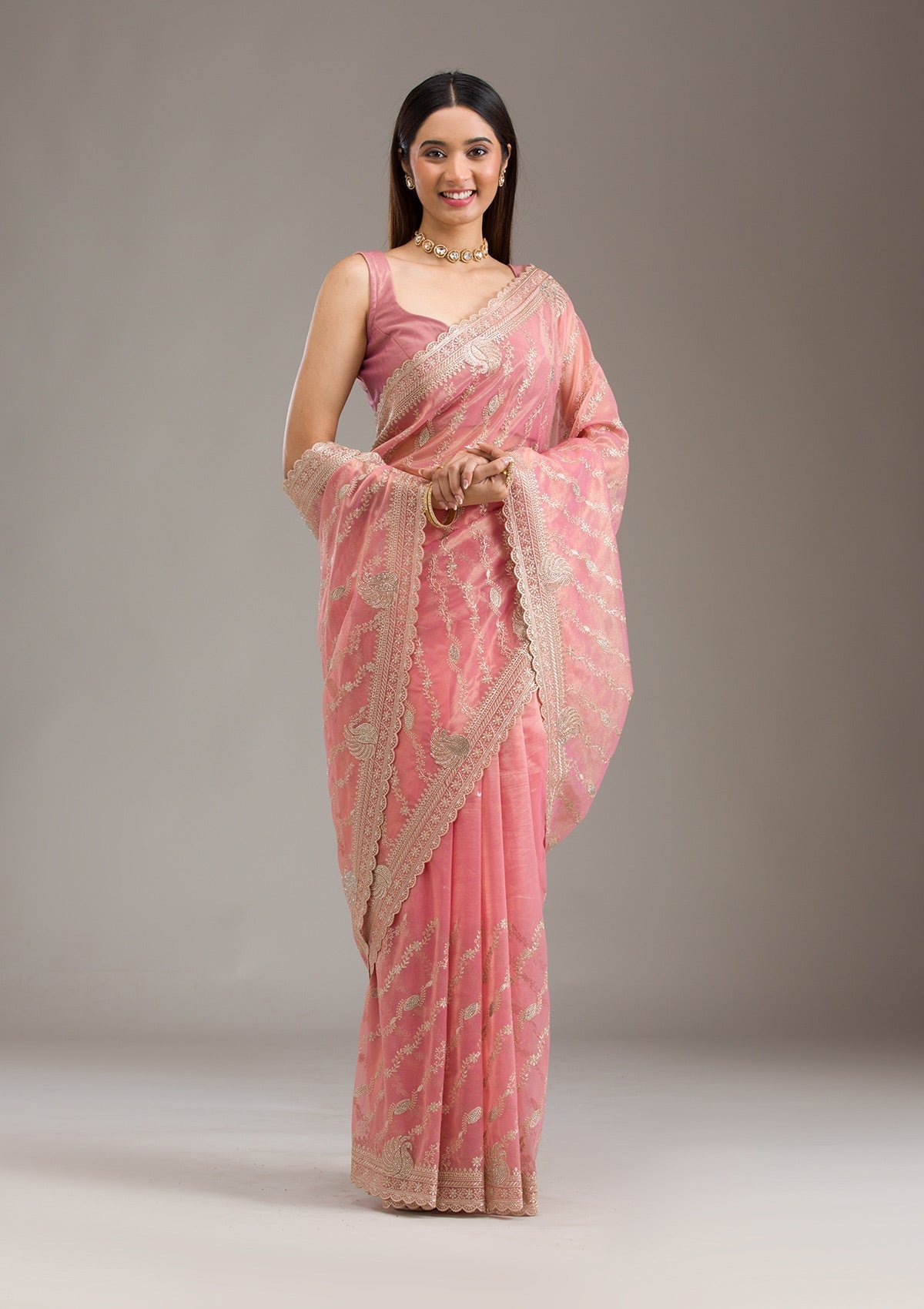 Bravix Elegant Pink Zariwork Art Silk Saree for a Touch of Grace