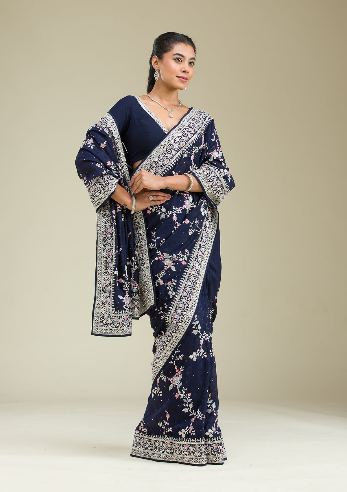 Elegant Navy Blue Silk Saree with Exquisite Threadwork
