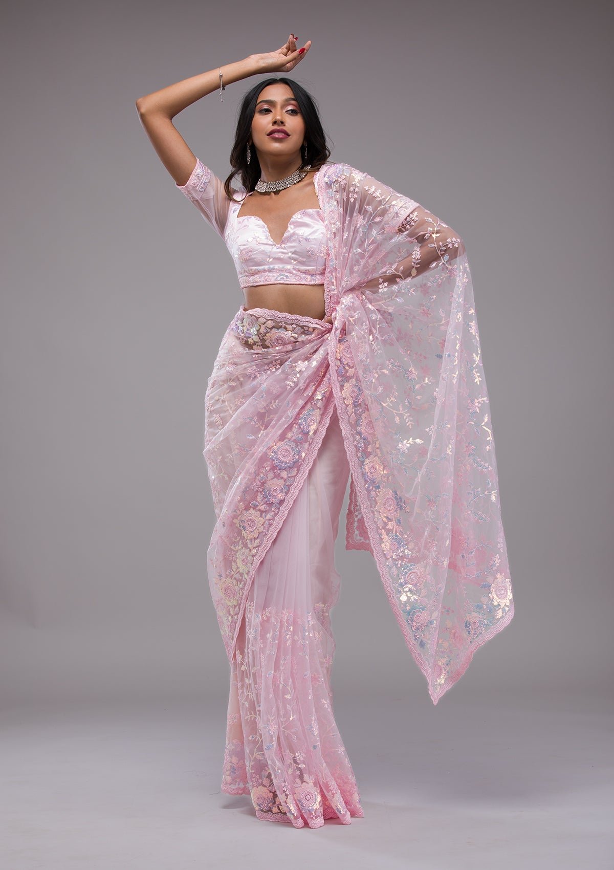 Bravix Sparkling Baby Pink Sequined Tissue Saree
