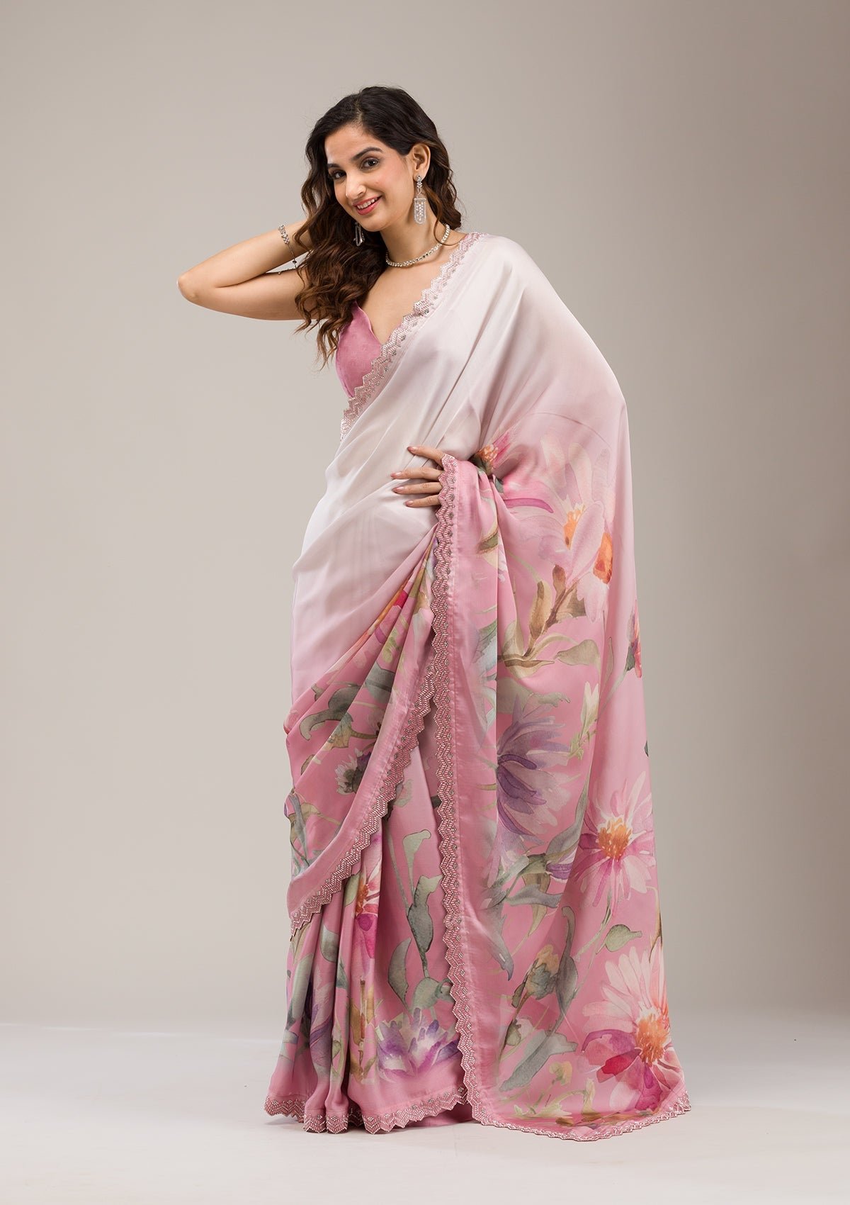 Bravix Elegant Baby Pink Satin Saree with Stunning Stonework
