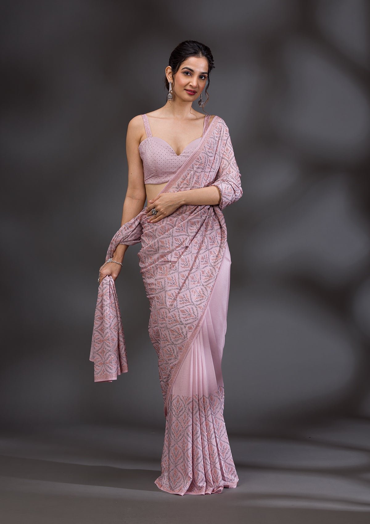 Bravix Elegant Baby Pink Satin Saree with Stunning Stonework