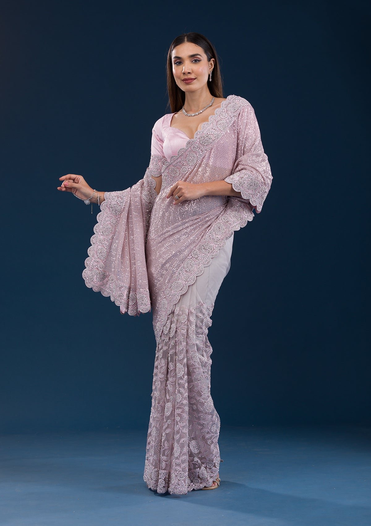 Bravix Charming Baby Pink Net Saree with Beautiful Threadwork