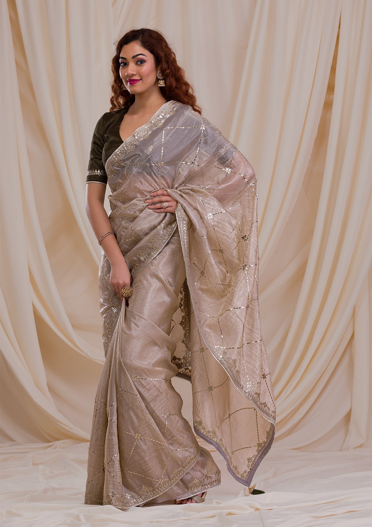 Bravix Elegant Beige Gotapatti Organza Saree for a Timeless Look