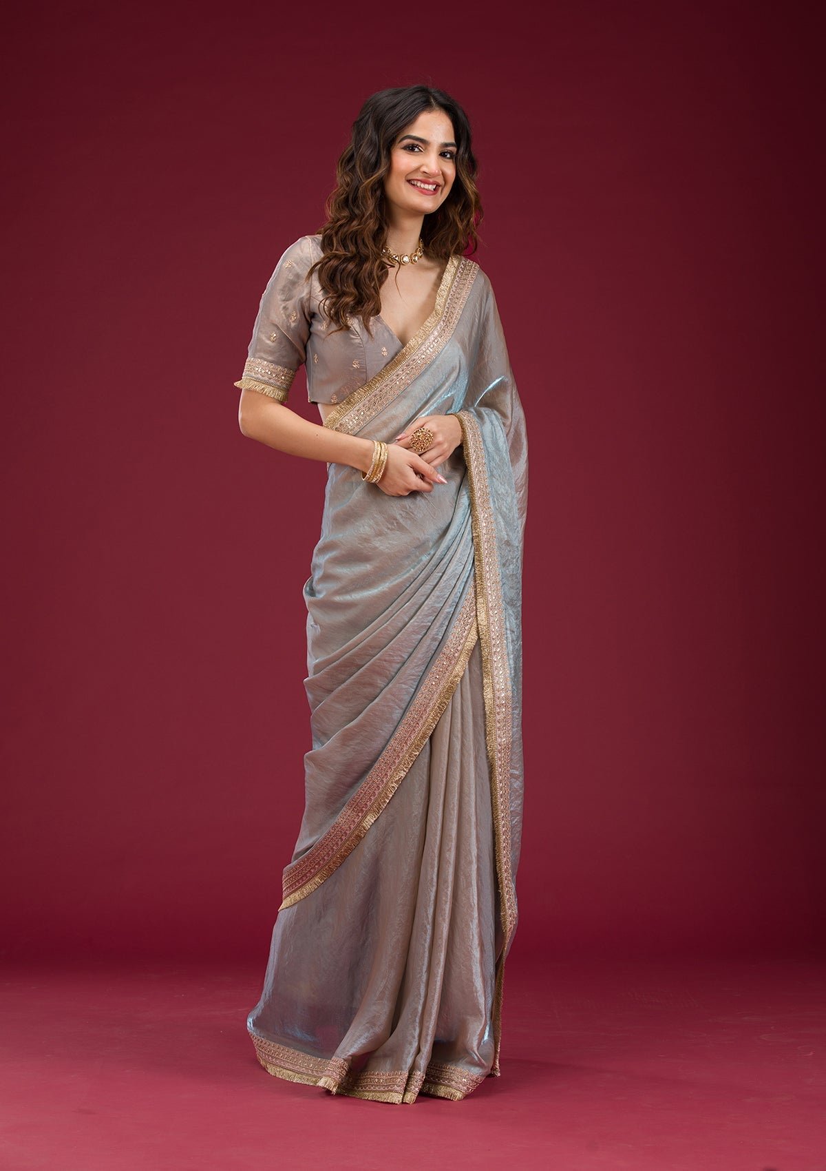 Bravix Elegant Sky Blue Threadwork Tissue Saree for a Stunning Look