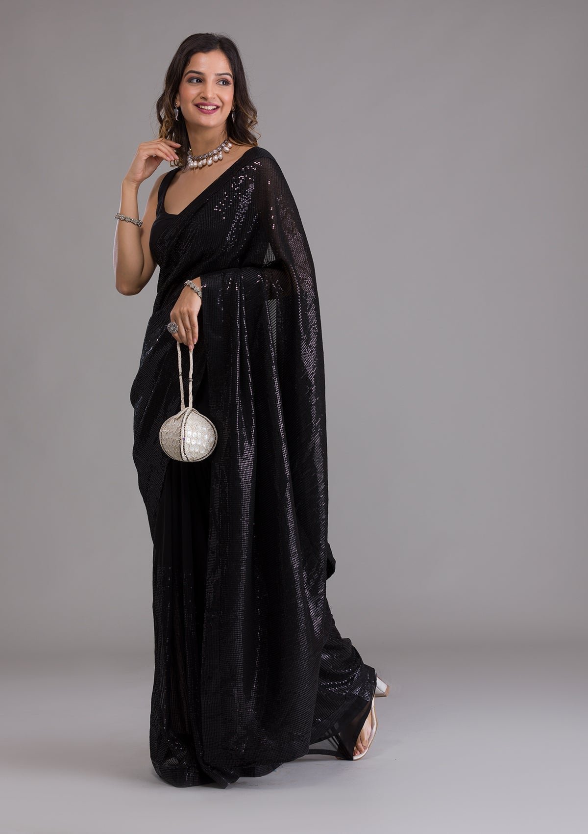 Bravix Elegant Black Georgette Saree with Stunning Sequins Design