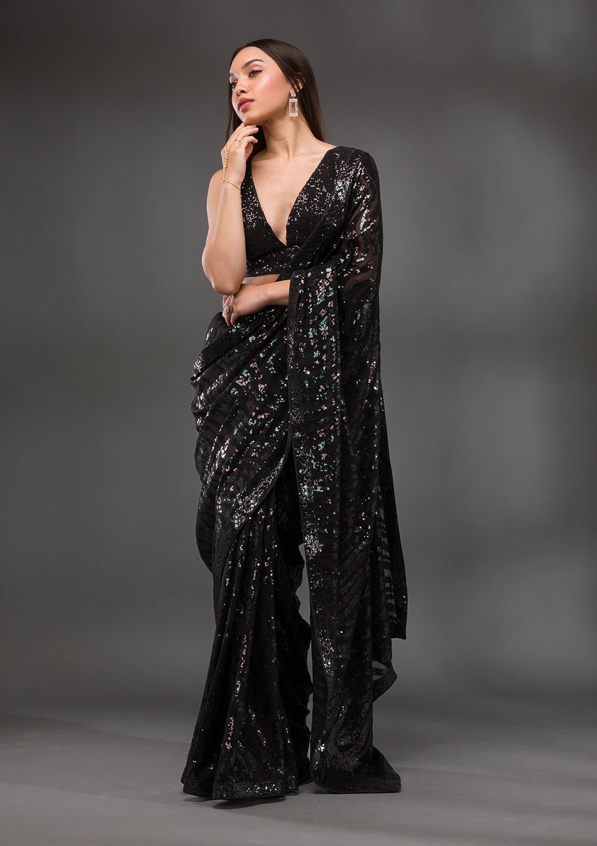 Bravix Stunning Black Georgette Saree Adorned with Dazzling Sequins