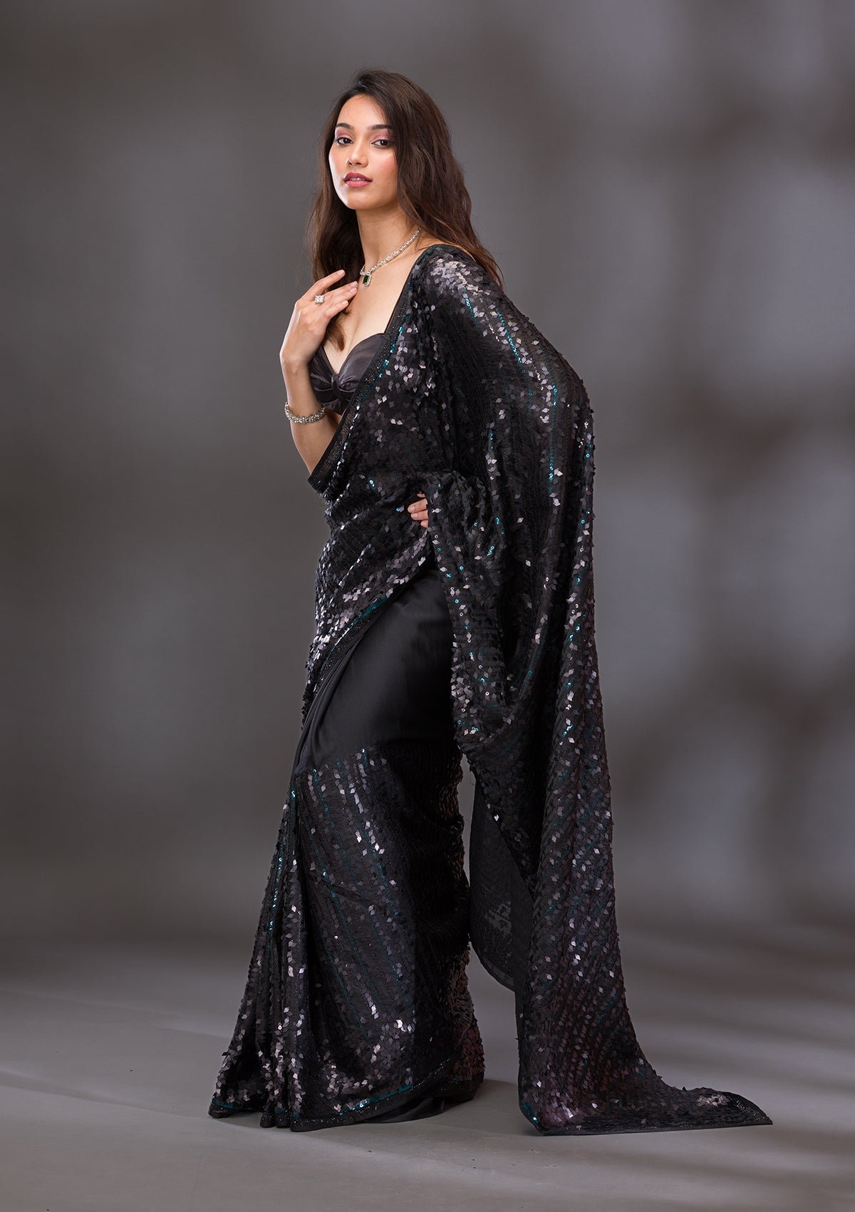 Bravix Elegant Black Georgette Saree Adorned with Shimmering Sequins