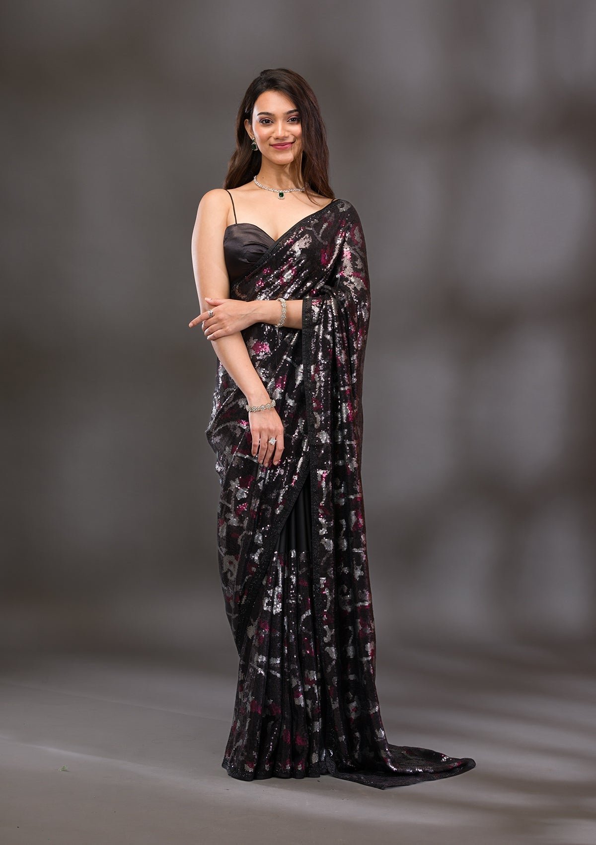 Bravix Elegant Black Sequined Georgette Saree