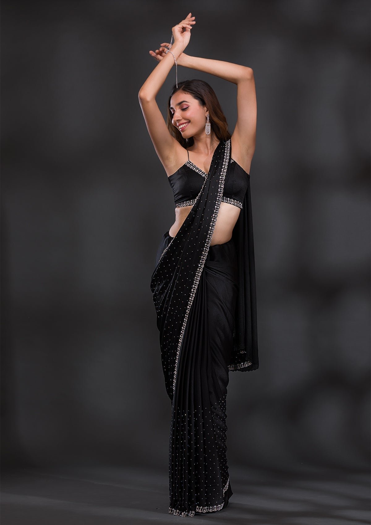 Bravix Elegant Black Satin Designer Saree with Stunning Stonework - Image 5