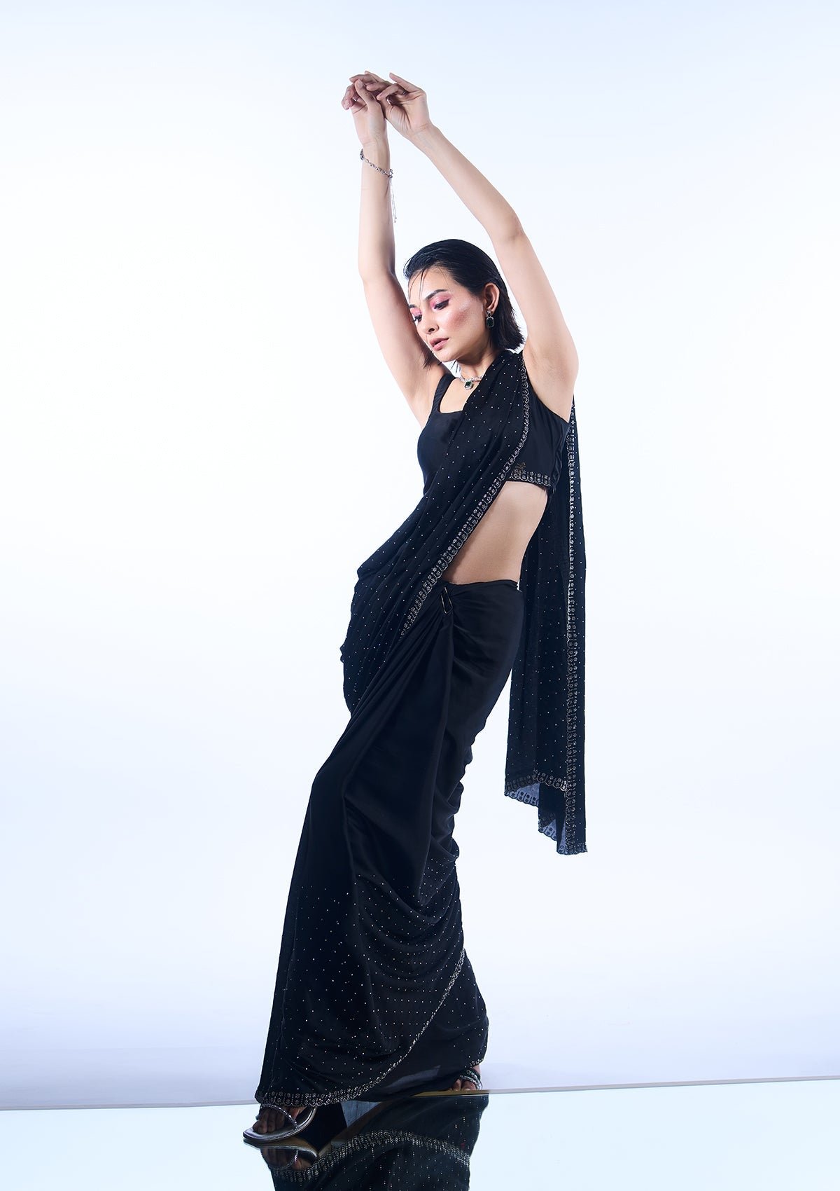 Bravix Elegant Black Satin Designer Saree with Stunning Stonework - Image 9
