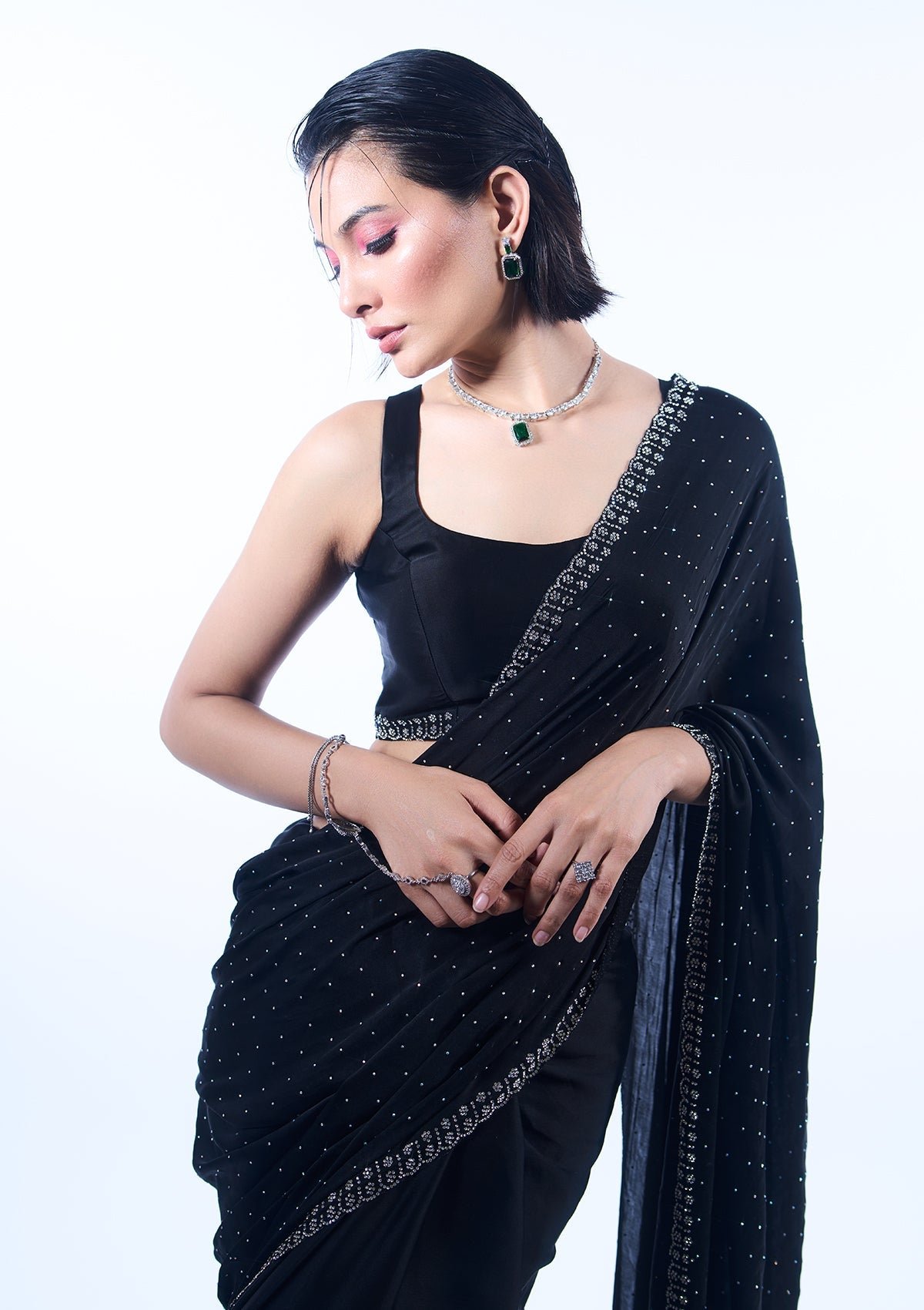 Bravix Elegant Black Satin Designer Saree with Stunning Stonework - Image 11