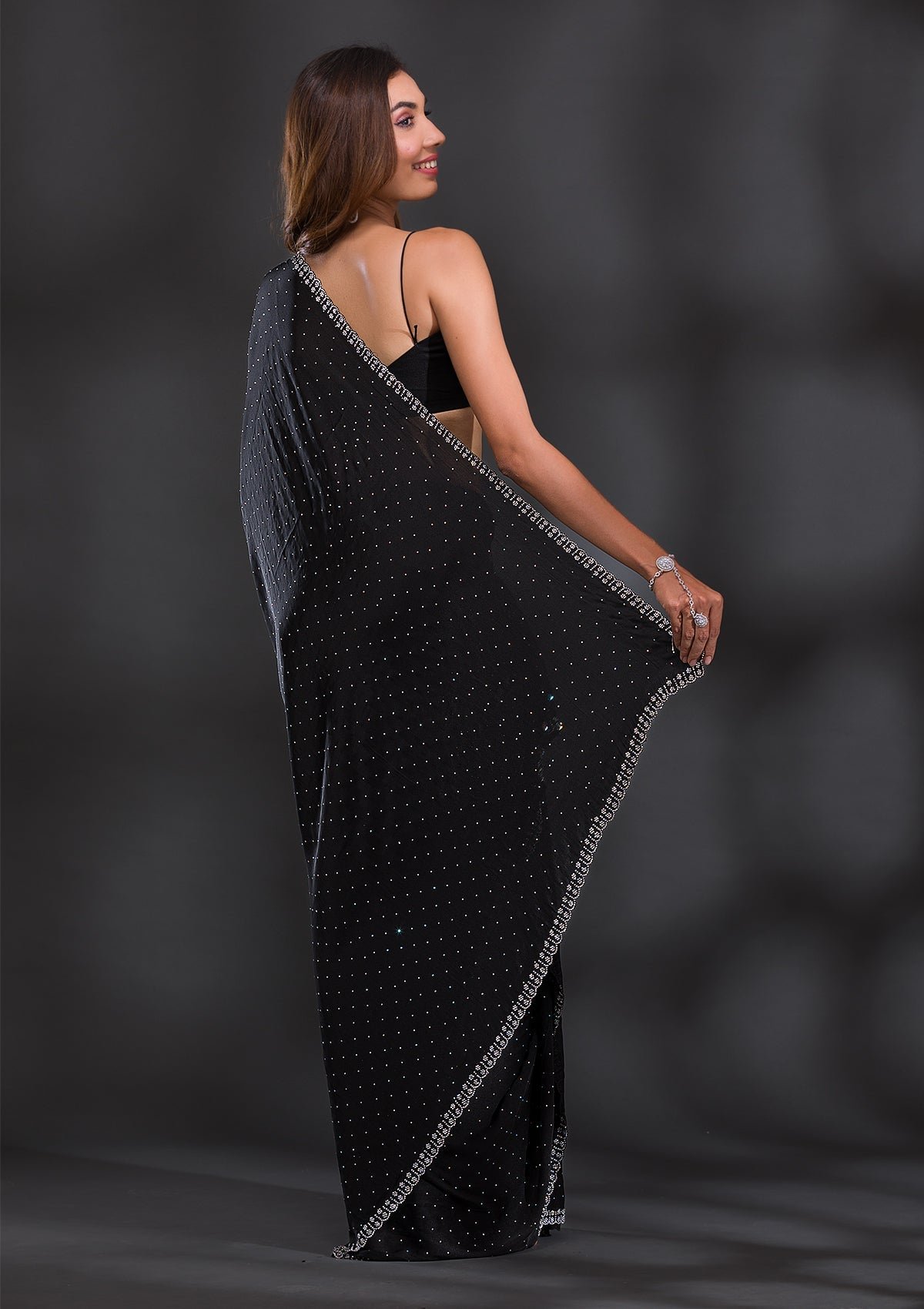 Bravix Elegant Black Satin Designer Saree with Stunning Stonework - Image 3