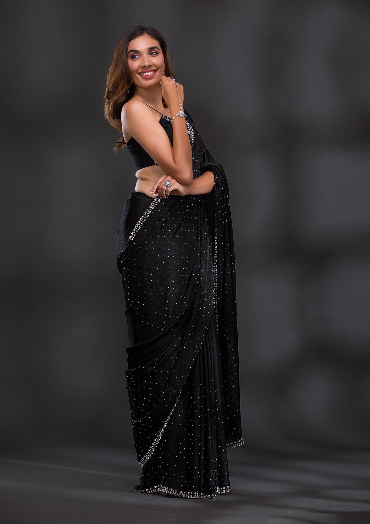Bravix Elegant Black Satin Designer Saree with Stunning Stonework - Image 6