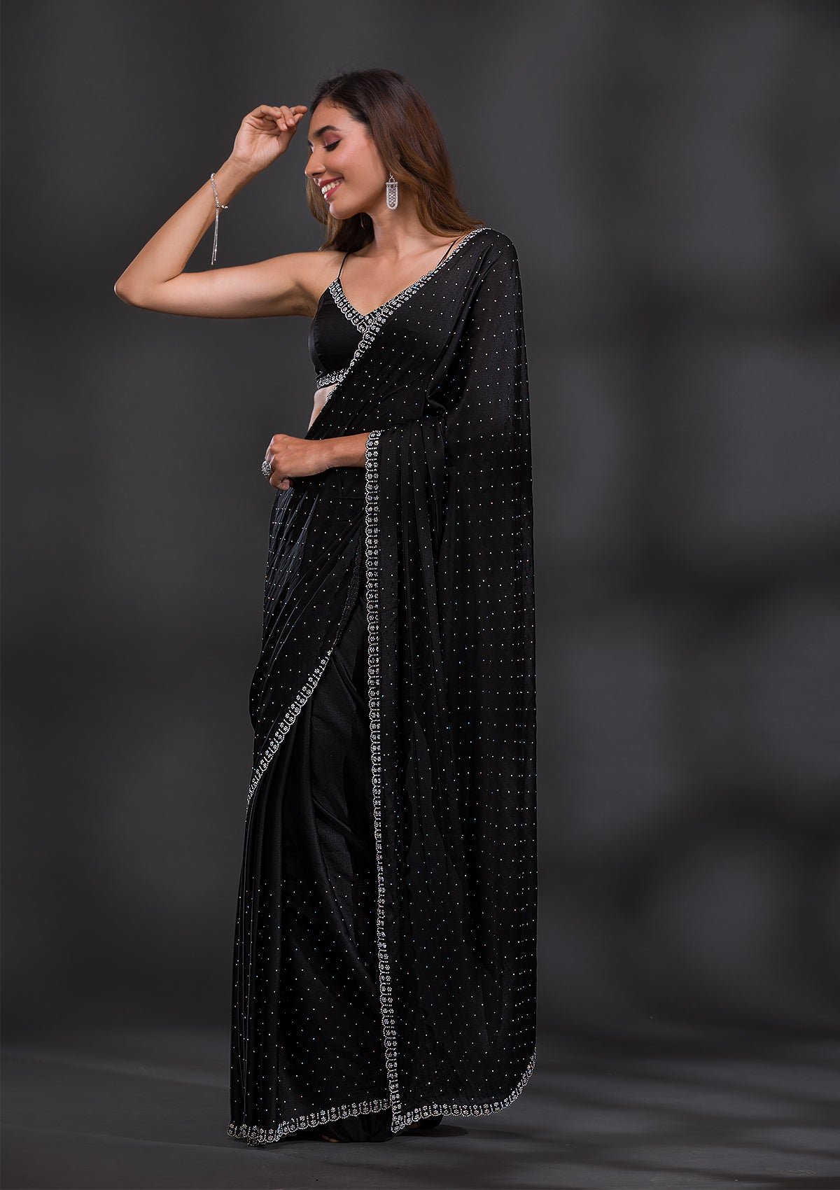 Bravix Elegant Black Satin Designer Saree with Stunning Stonework - Image 4