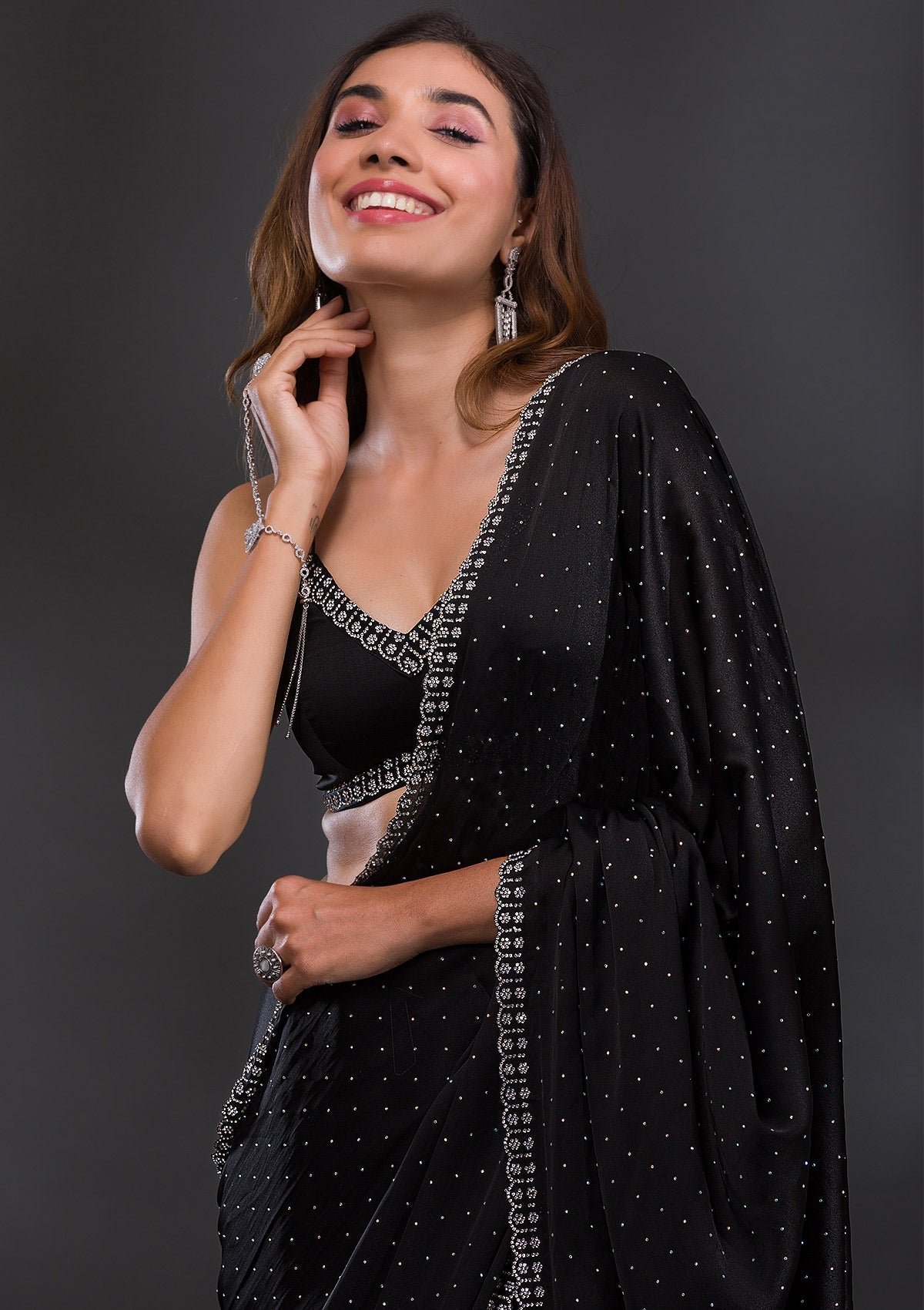 Bravix Elegant Black Satin Designer Saree with Stunning Stonework - Image 8