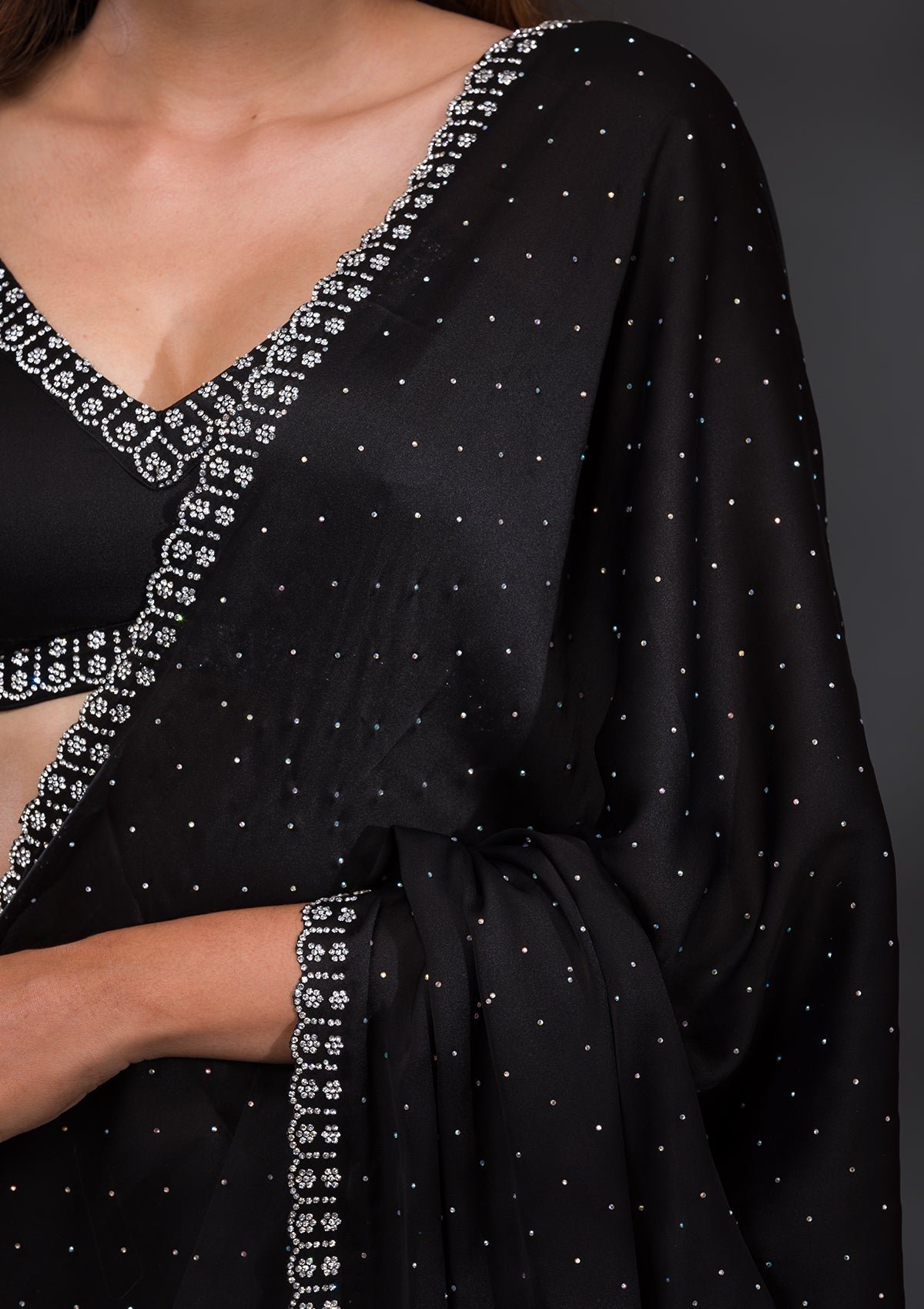Bravix Elegant Black Satin Designer Saree with Stunning Stonework - Image 7