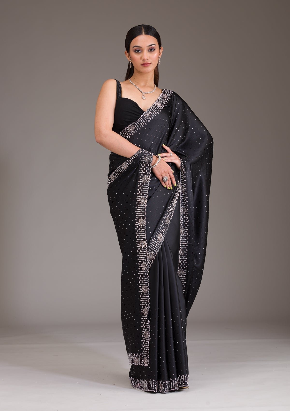 Bravix Elegant Black Satin Saree with Sparkling Swarovski Accents