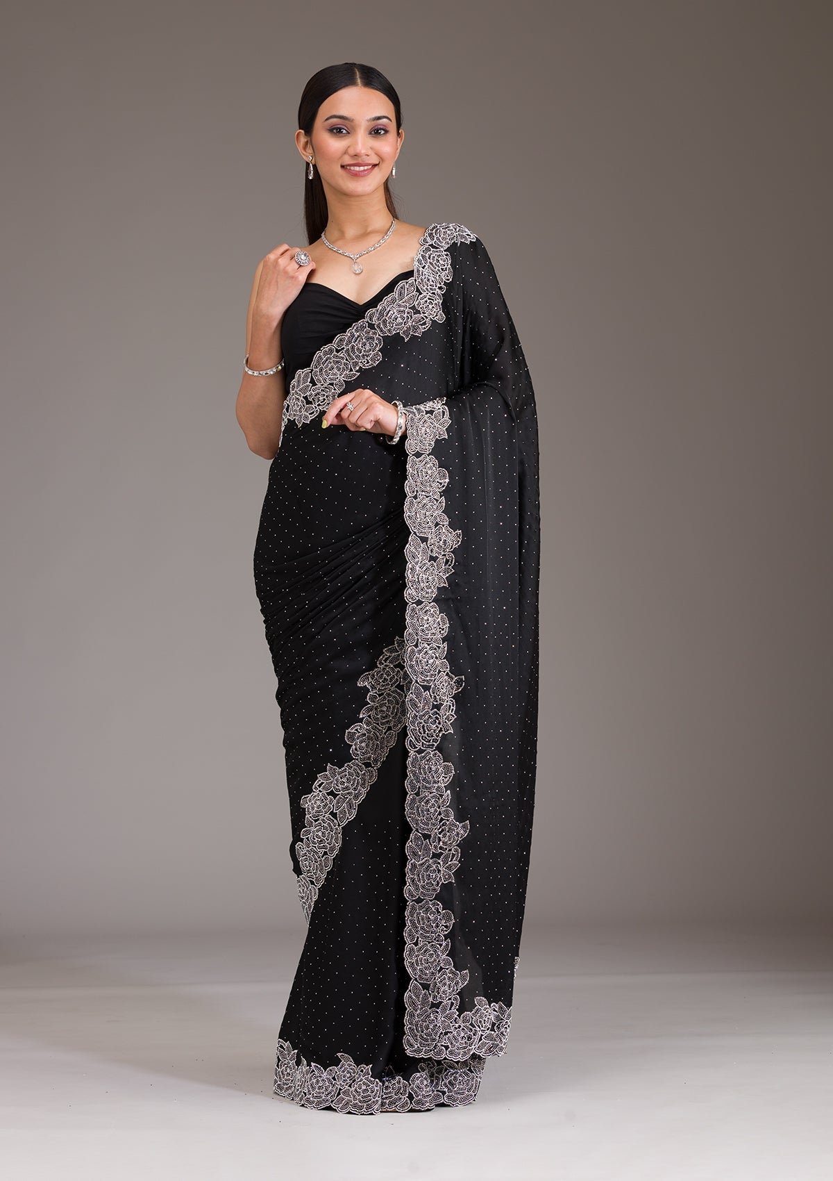 Bravix Elegant Black Satin Saree Adorned with Swarovski Crystals