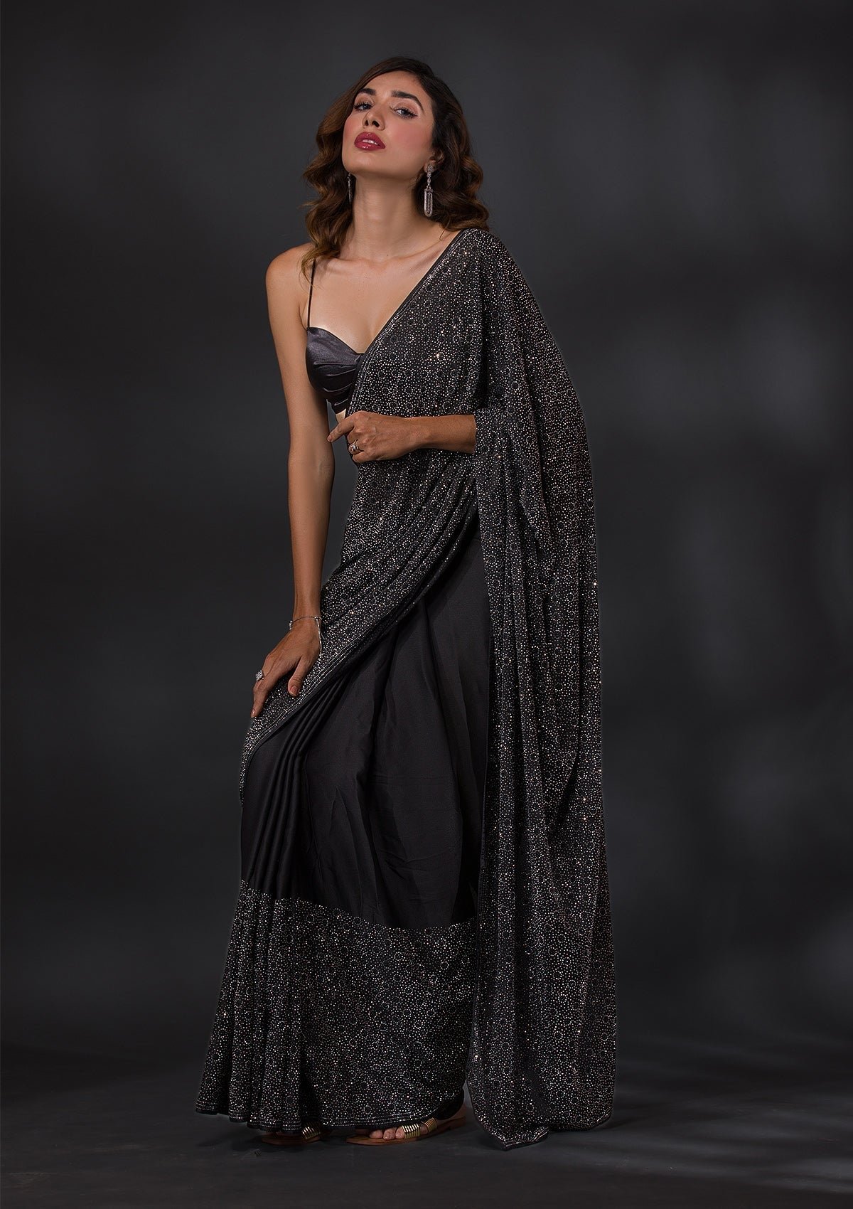 Elegant Black Stone-Embellished Crepe Designer Saree - Image 3