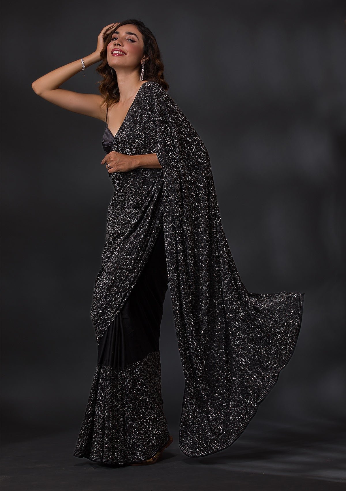 Elegant Black Stone-Embellished Crepe Designer Saree