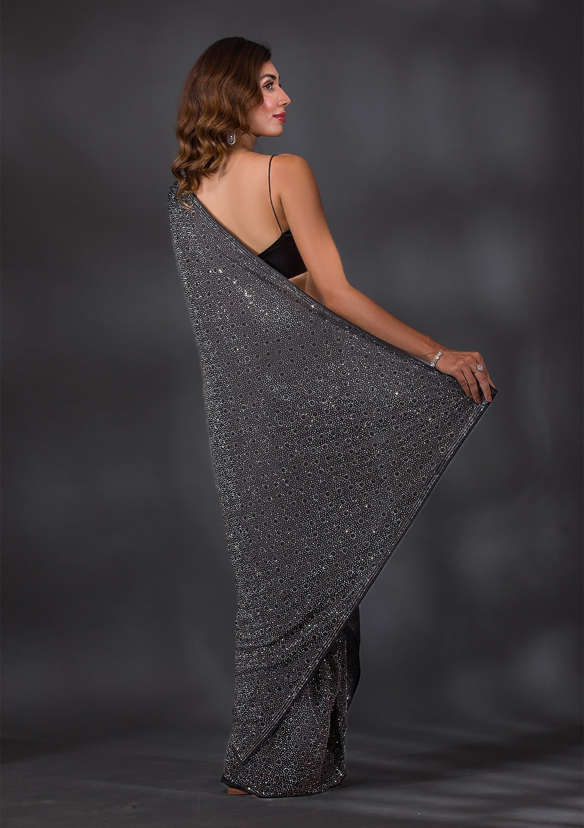 Elegant Black Stone-Embellished Crepe Designer Saree - Image 2