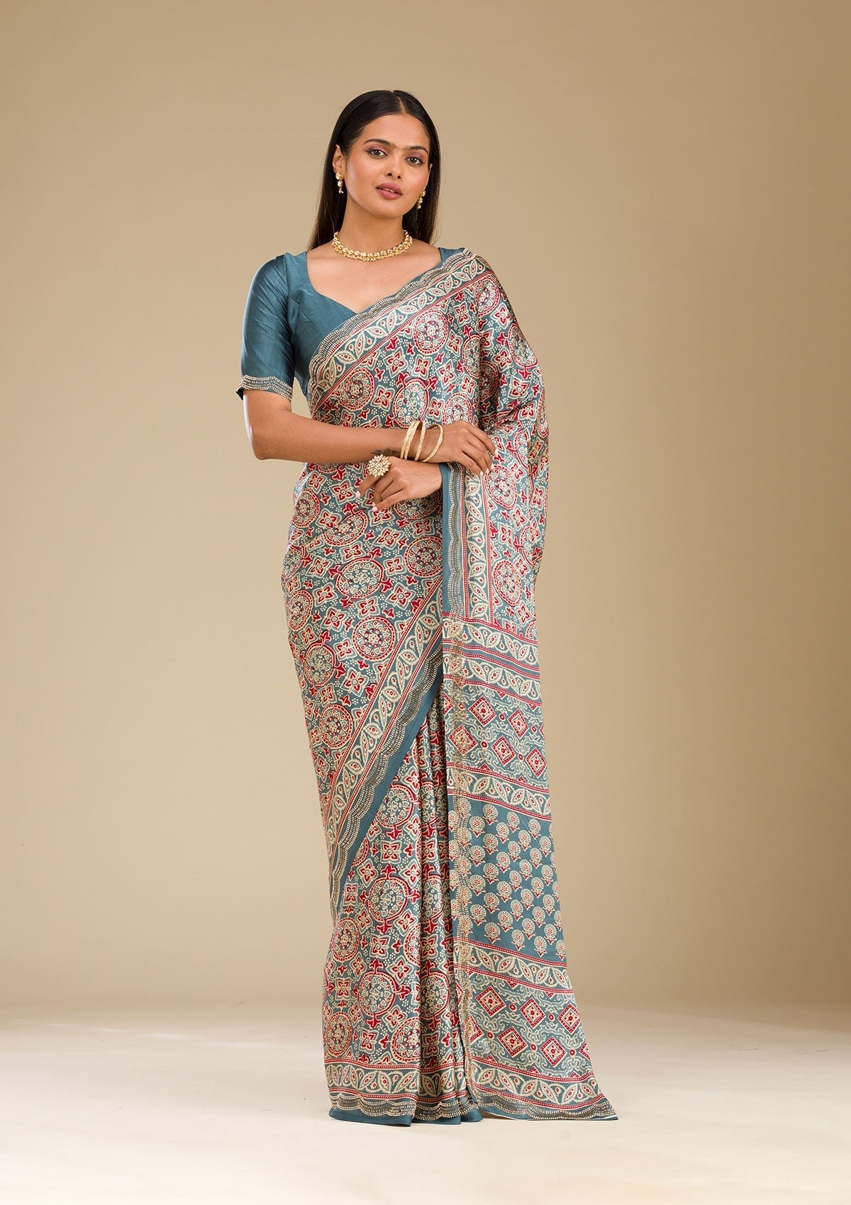 Bravix Elegant Blue Satin Saree with Stunning Prints
