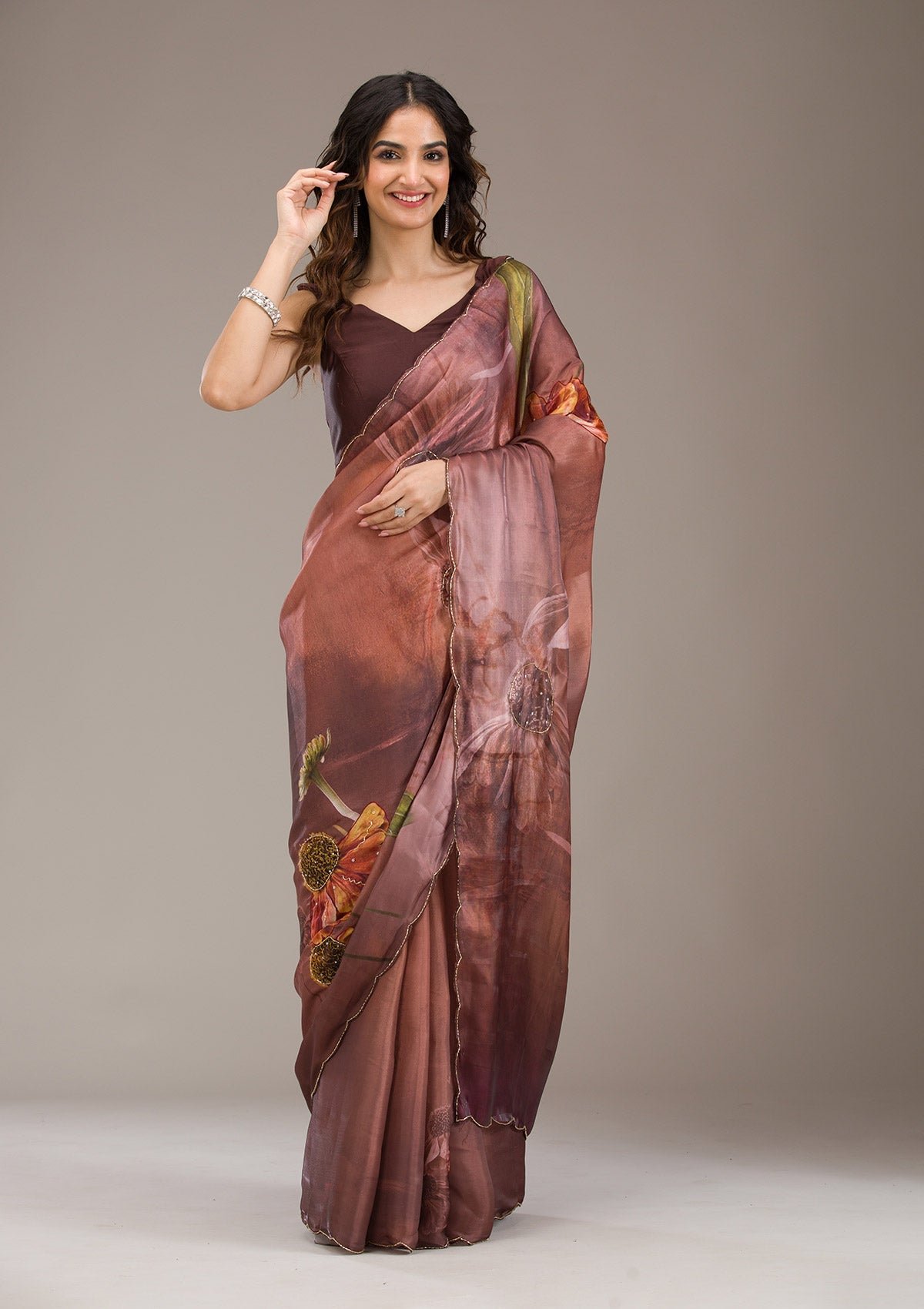 Elegant Brown Printed Tissue Saree for a Stylish Look