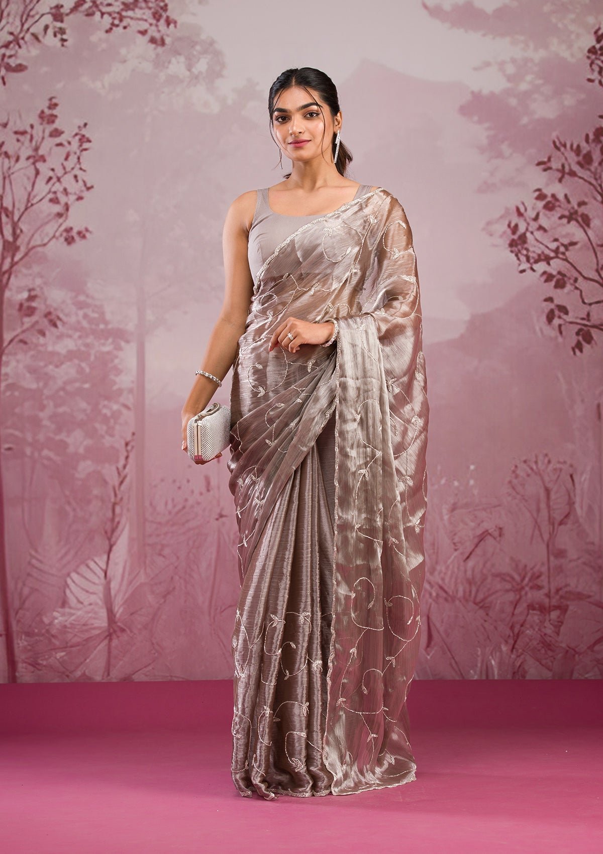 Bravix Elegant Copper Georgette Saree with Beautiful Cutdana Embellishments