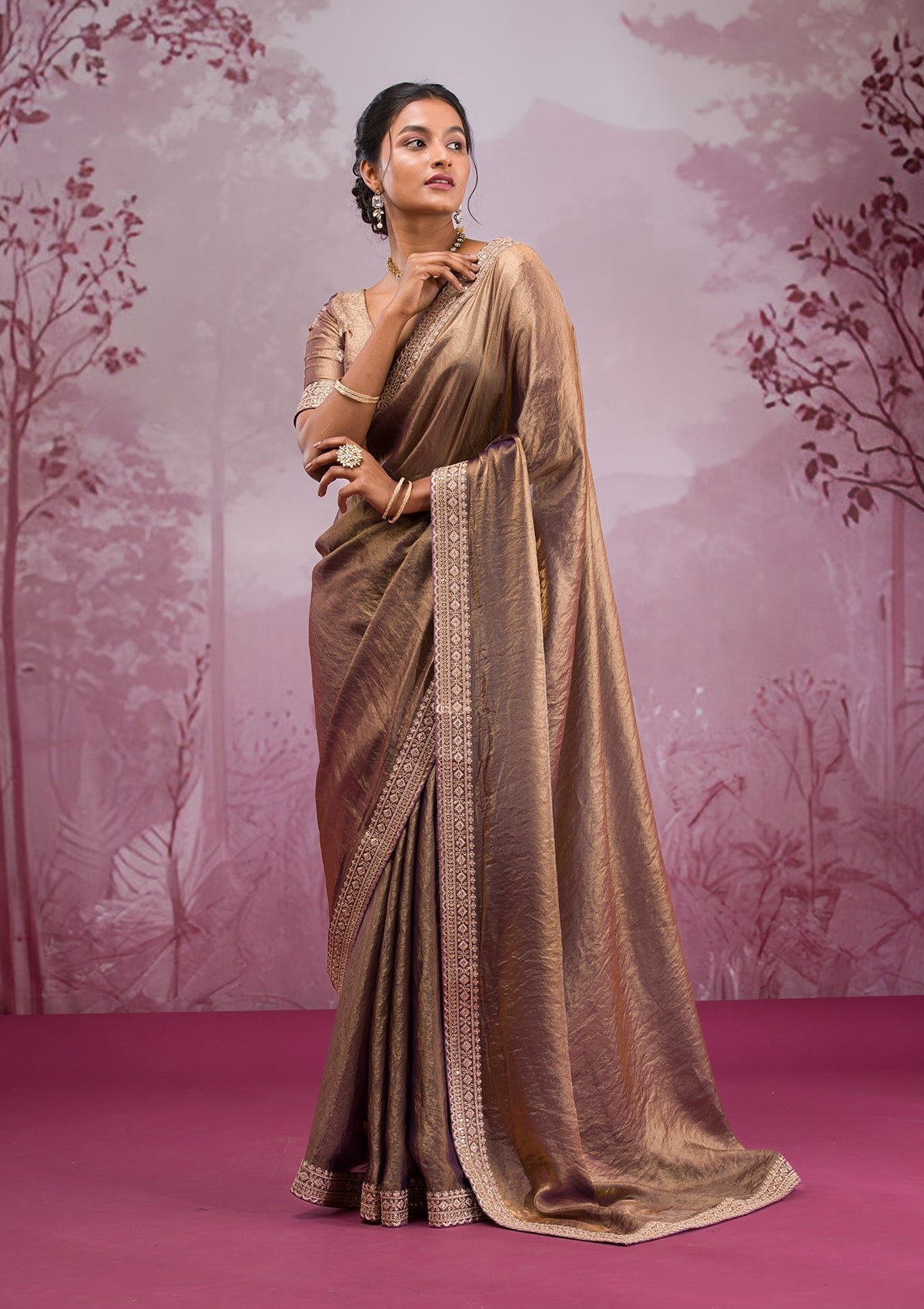 Bravix Exquisite Copper Threadwork Tissue Saree for an Elegant Look
