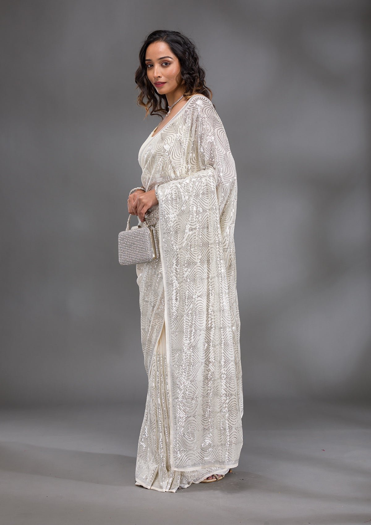 Elegant Cream Georgette Saree with Sparkling Sequins