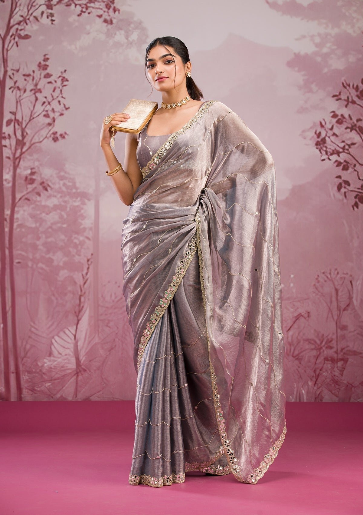Bravix Elegant Grey Mirrorwork Tissue Saree for Stunning Style