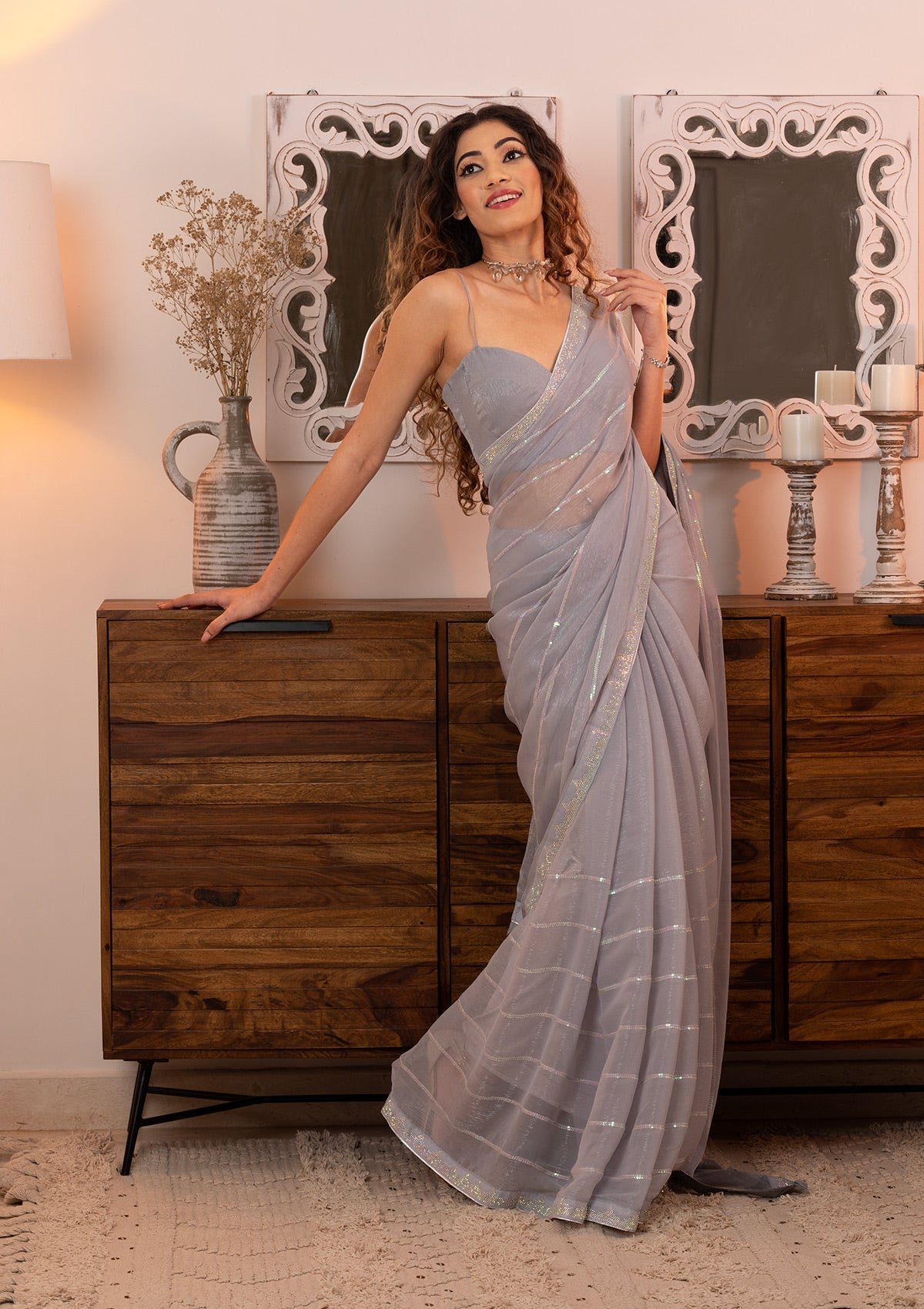 Elegantly Sparkling Grey Sequins Chiffon Designer Saree