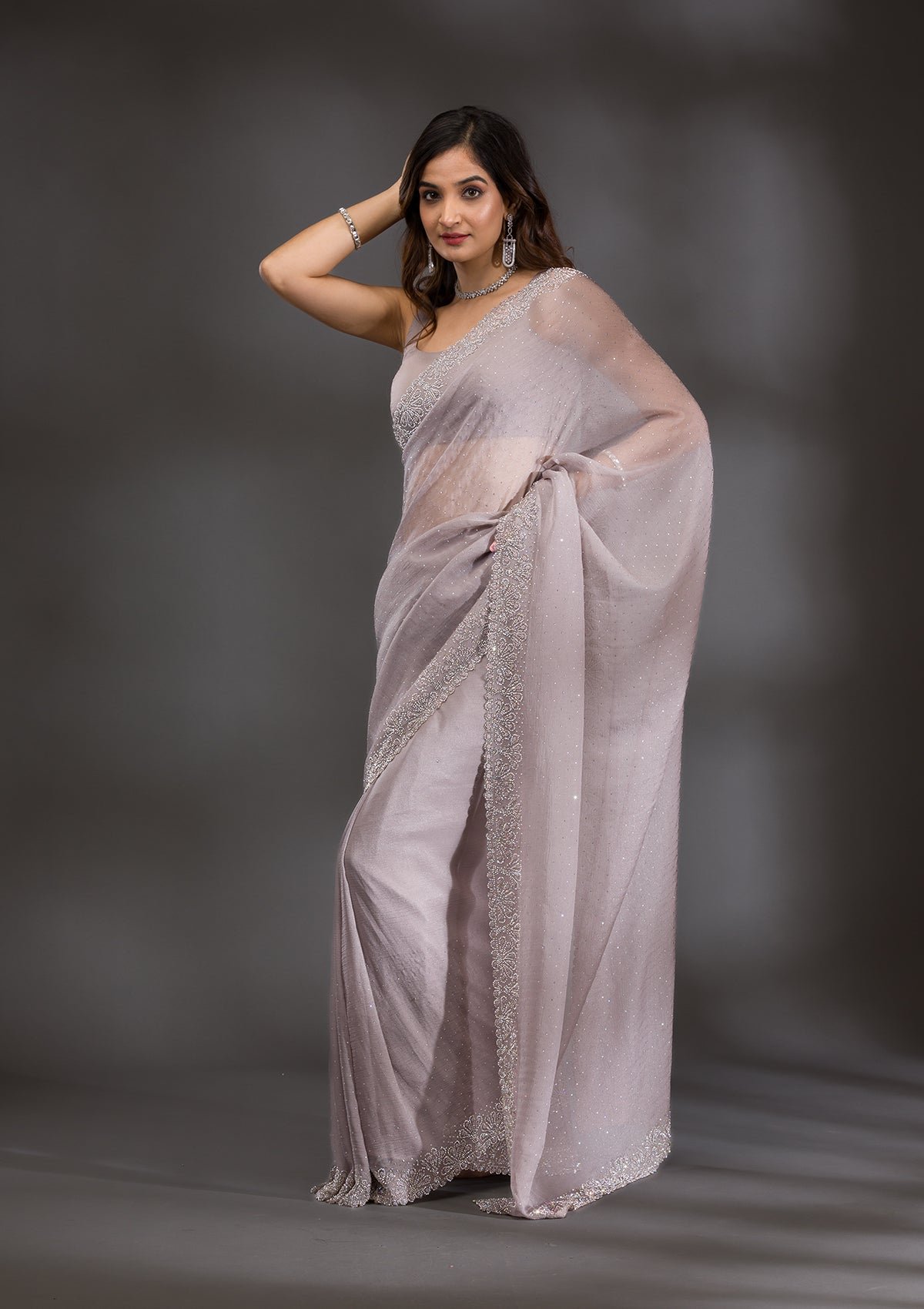 Bravix Elegant Grey Silver Stone-Studded Tissue Saree