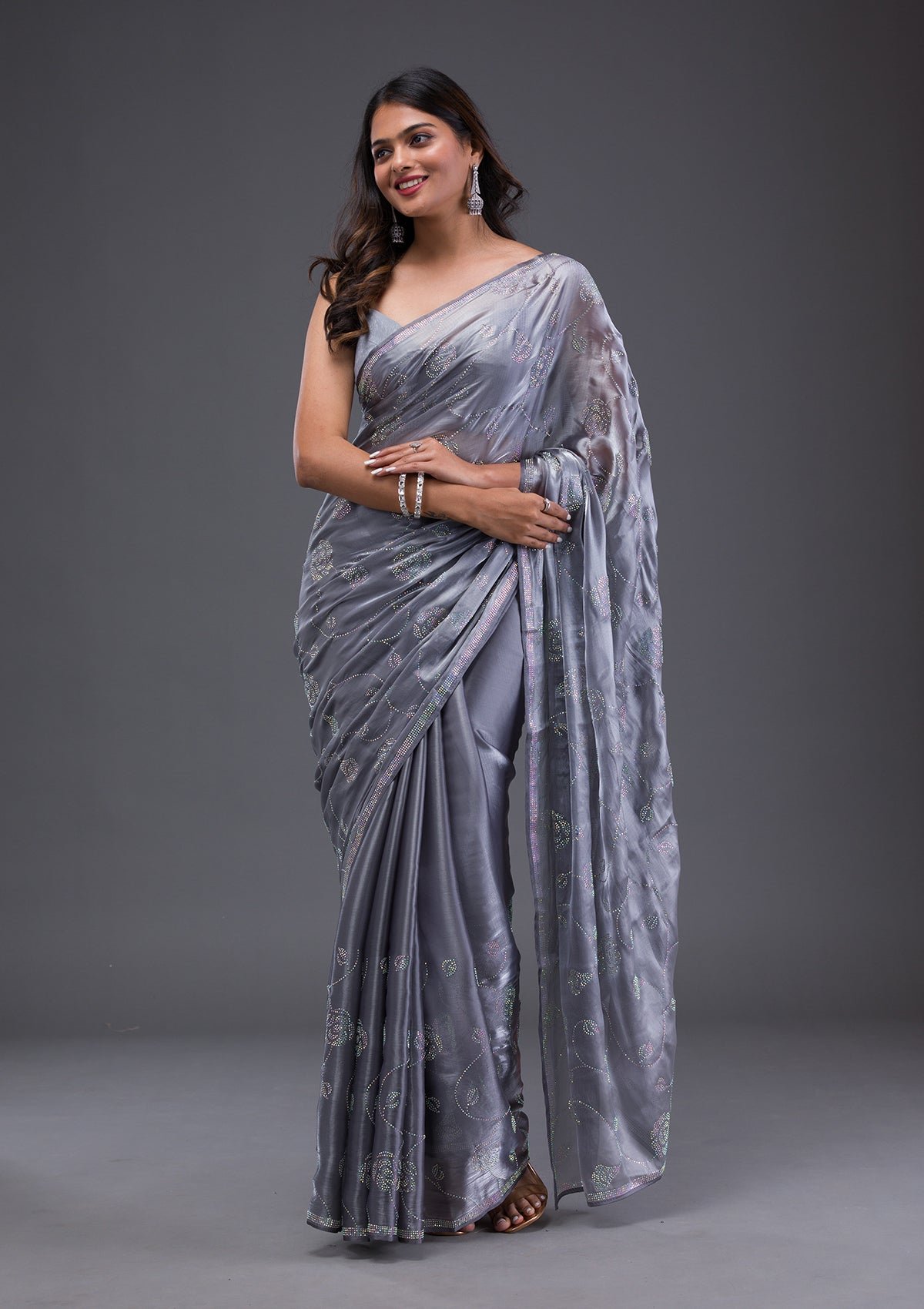 Bravix Elegant Grey Chiffon Saree with Stunning Swarovski Accents