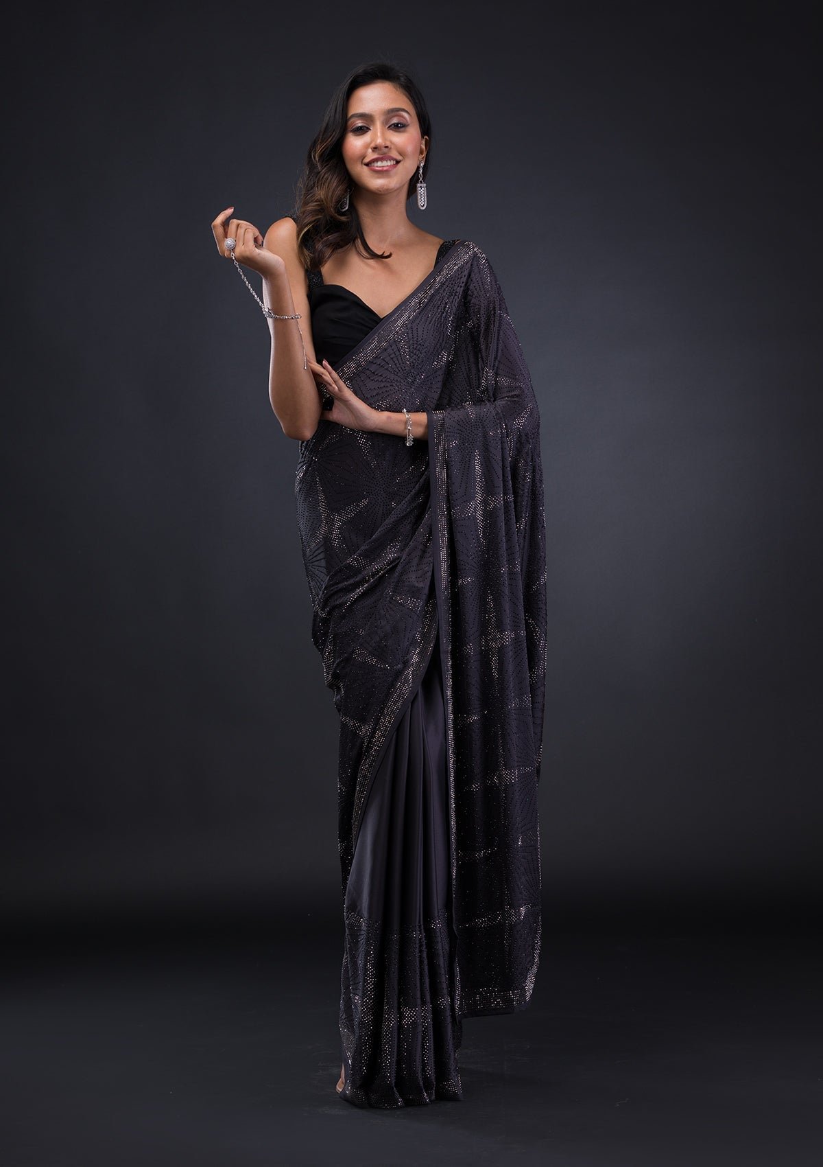 Bravix Elegant Grey Satin Saree with Swarovski Embellishments