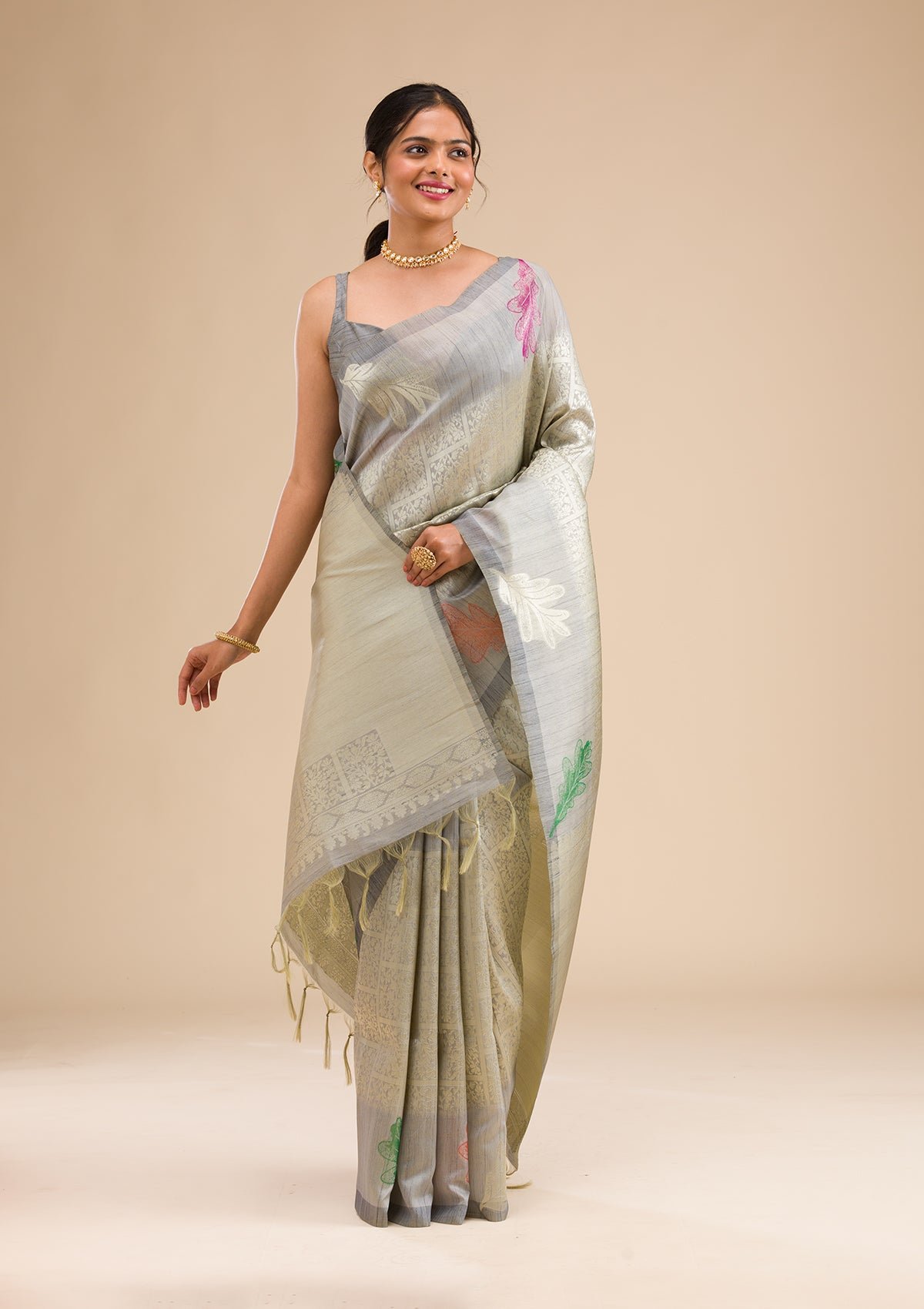 Bravix Elegant Grey Zariwork Soft Silk Saree for Timeless Chic
