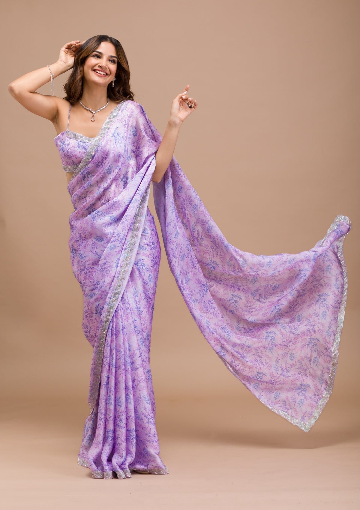 Bravix Elegant Lavender Satin Saree with Beautiful Print