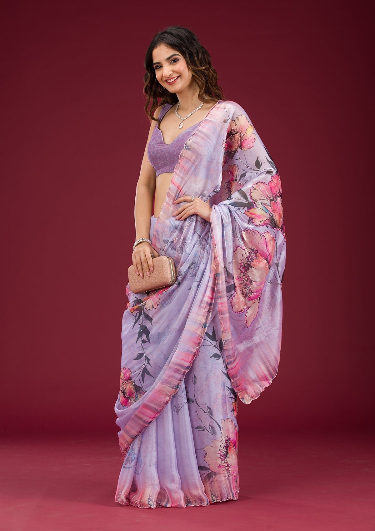 Bravix Elegant Lavender Print Tissue Saree