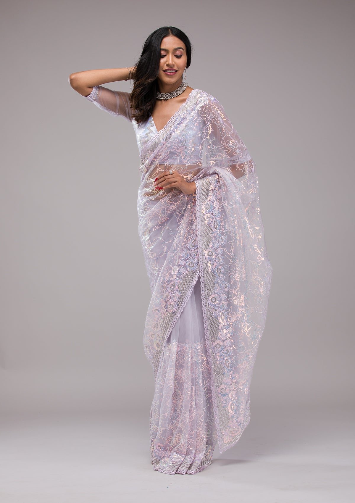 Glamorous Lavender Sequin-Embellished Net Saree