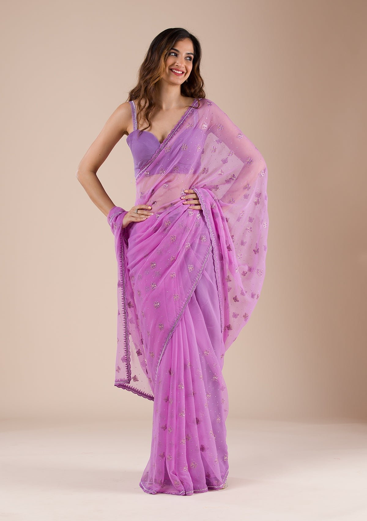 Bravix Elegant Lavender Chiffon Saree with Beautiful Stonework