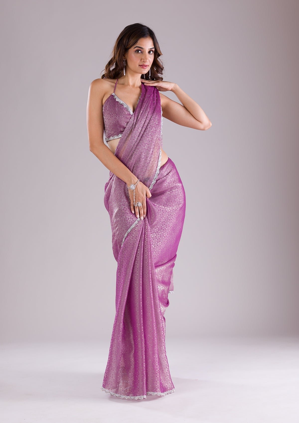 Bravix Elegant Lavender Stonework Organza Saree