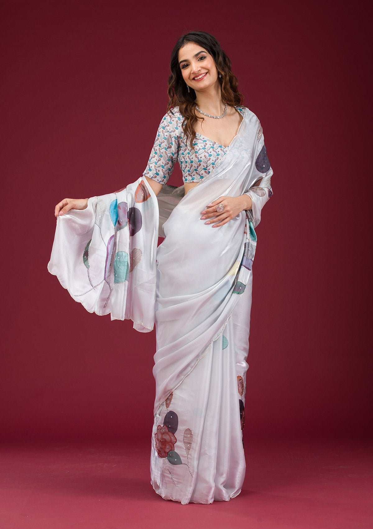 Bravix Elegant Light Grey Printed Tissue Saree for Effortless Style