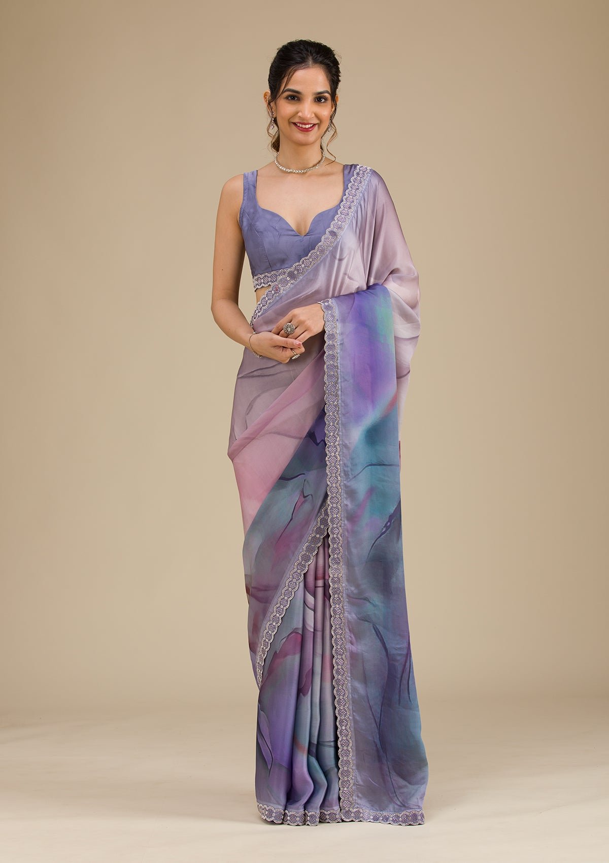Bravix Elegant Grey Satin Saree with Captivating Prints