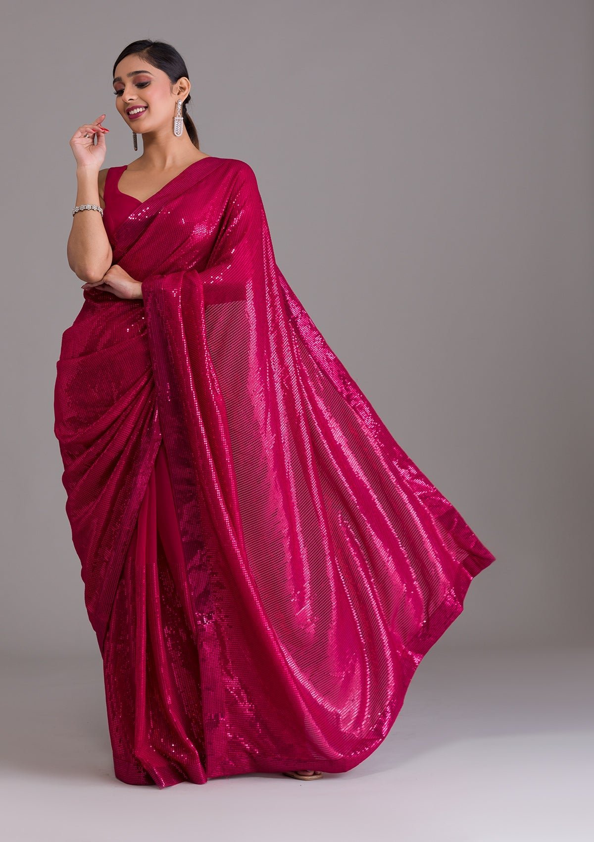 Bravix Exquisite Rani Pink Georgette Designer Saree with Dazzling Sequins