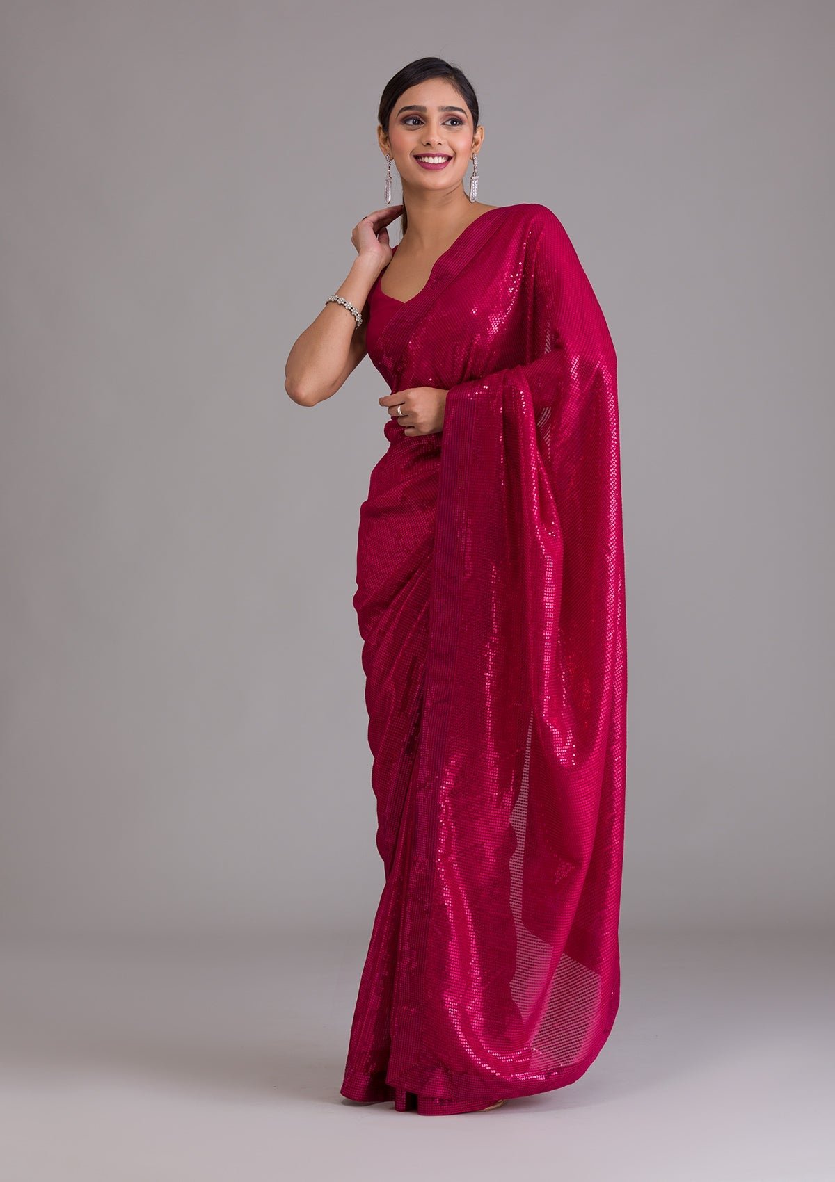 Bravix Exquisite Rani Pink Georgette Designer Saree with Dazzling Sequins - Image 3