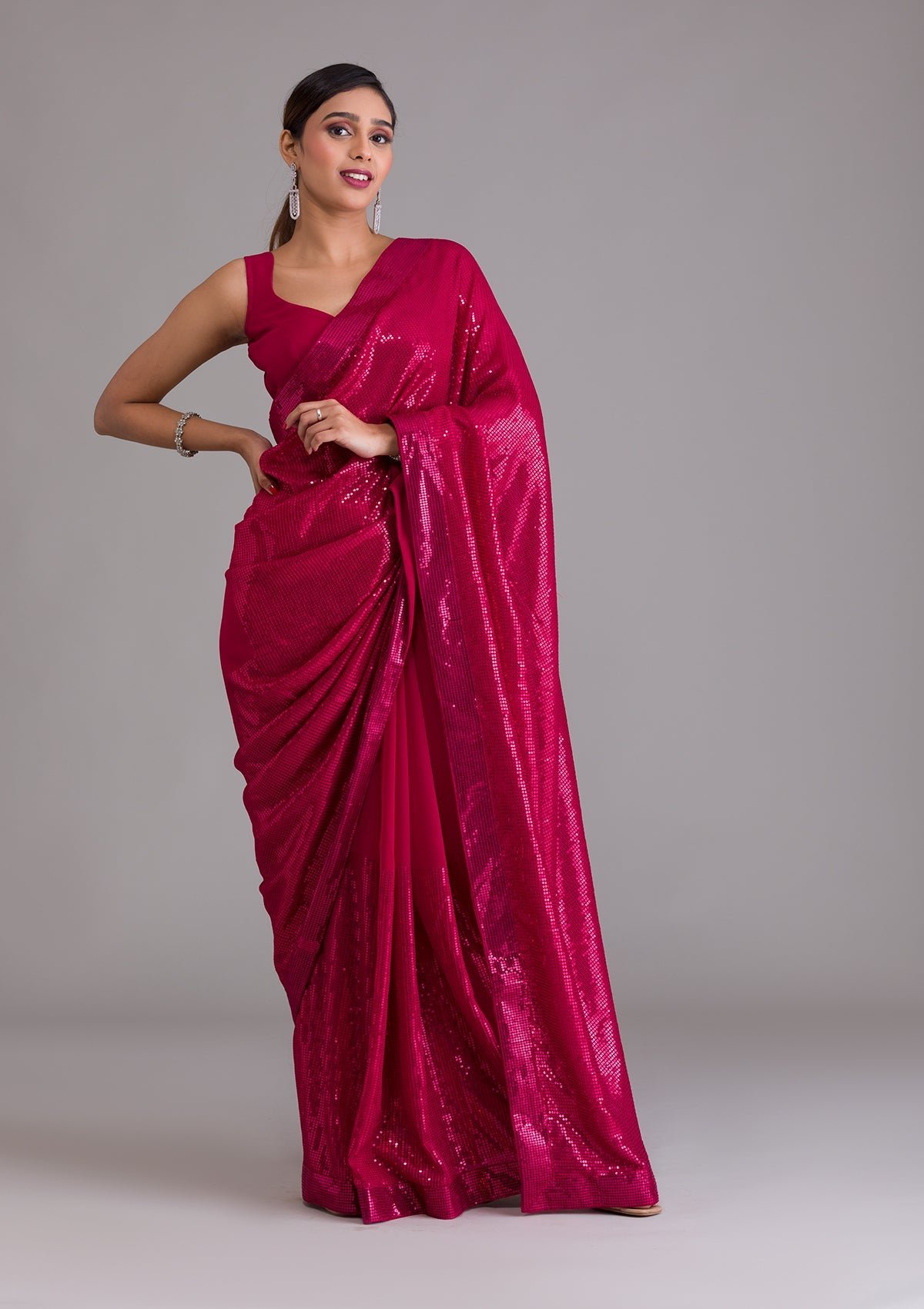Bravix Exquisite Rani Pink Georgette Designer Saree with Dazzling Sequins - Image 5