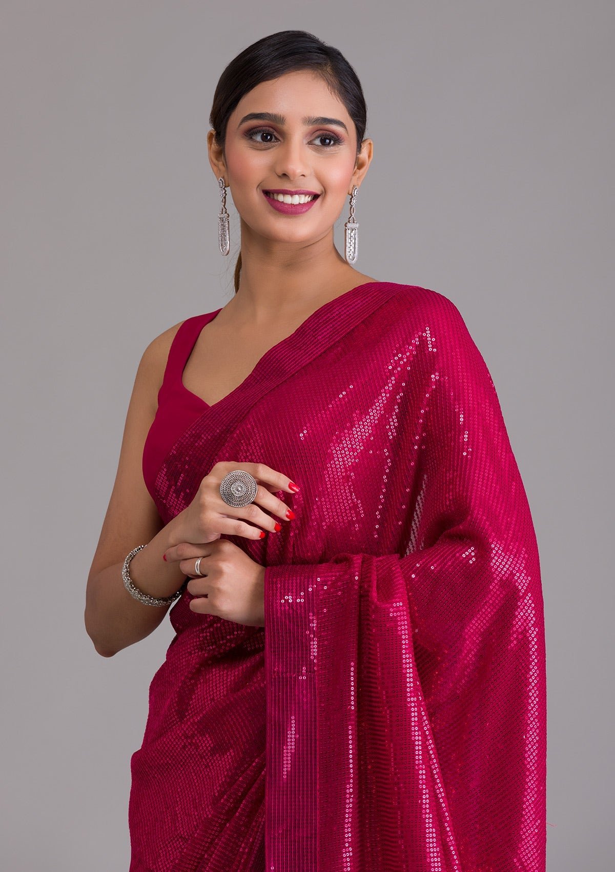 Bravix Exquisite Rani Pink Georgette Designer Saree with Dazzling Sequins - Image 6