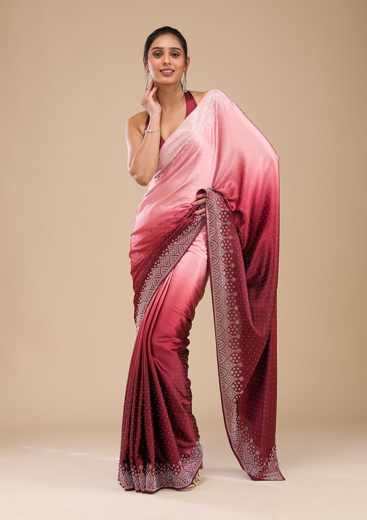 Bravix Elegant Maroon Satin Saree with Exquisite Stonework