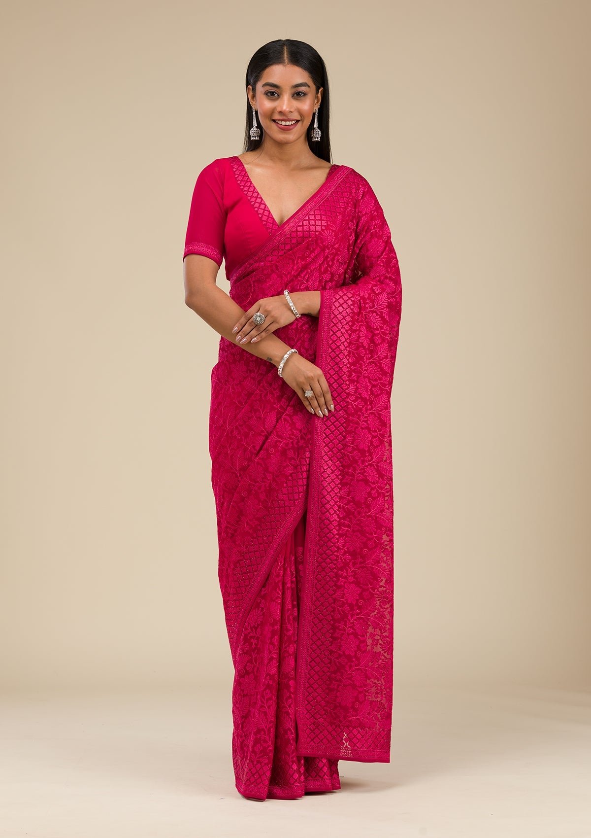 Bravix Elegant Maroon Georgette Saree with Beautiful Threadwork